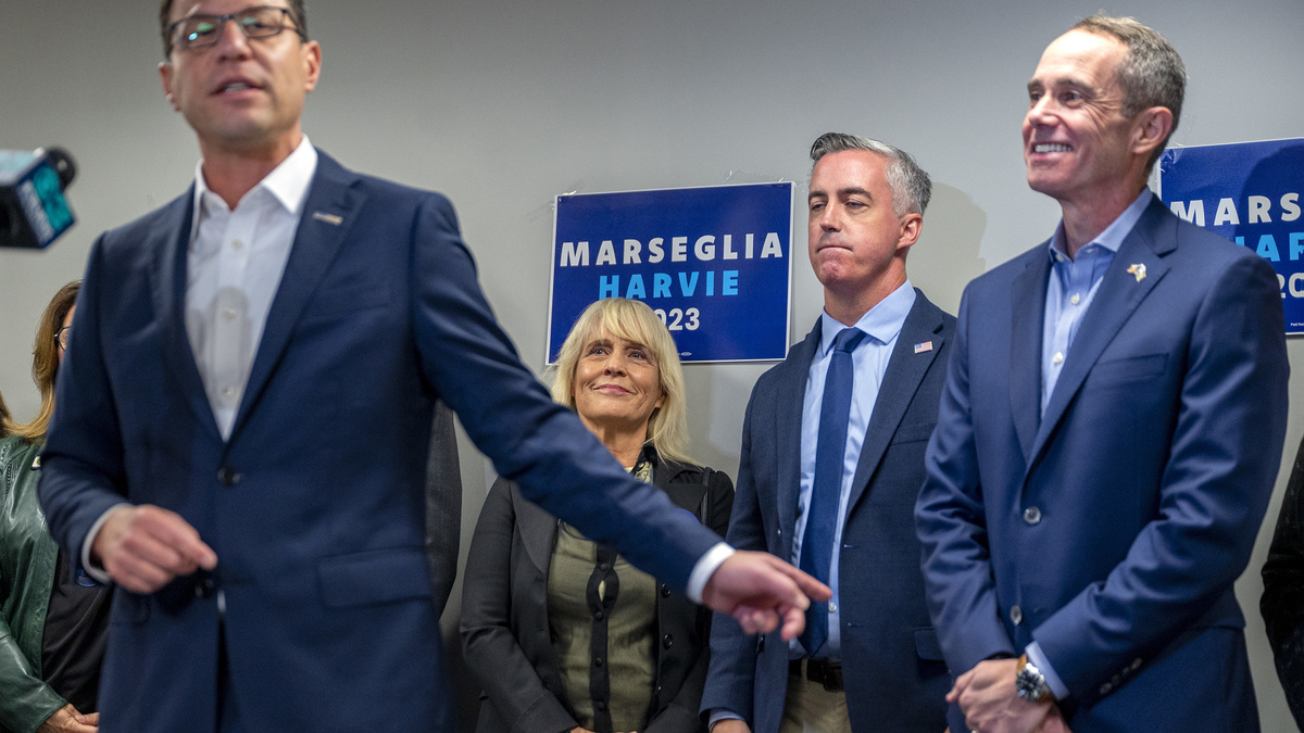 Pennsylvania Gov. Josh Shapiro campaigns in Newtown, Pennsylvania, in 2023 for Bucks County Democrats Diane Ellis-Marseglia (center left) and Bob Harvie (center right). Harvie, now a county commissioner, has Shapiro's endorsement for Congress. (Tom Gralish/The Philadelphia Inquirer/TNS)