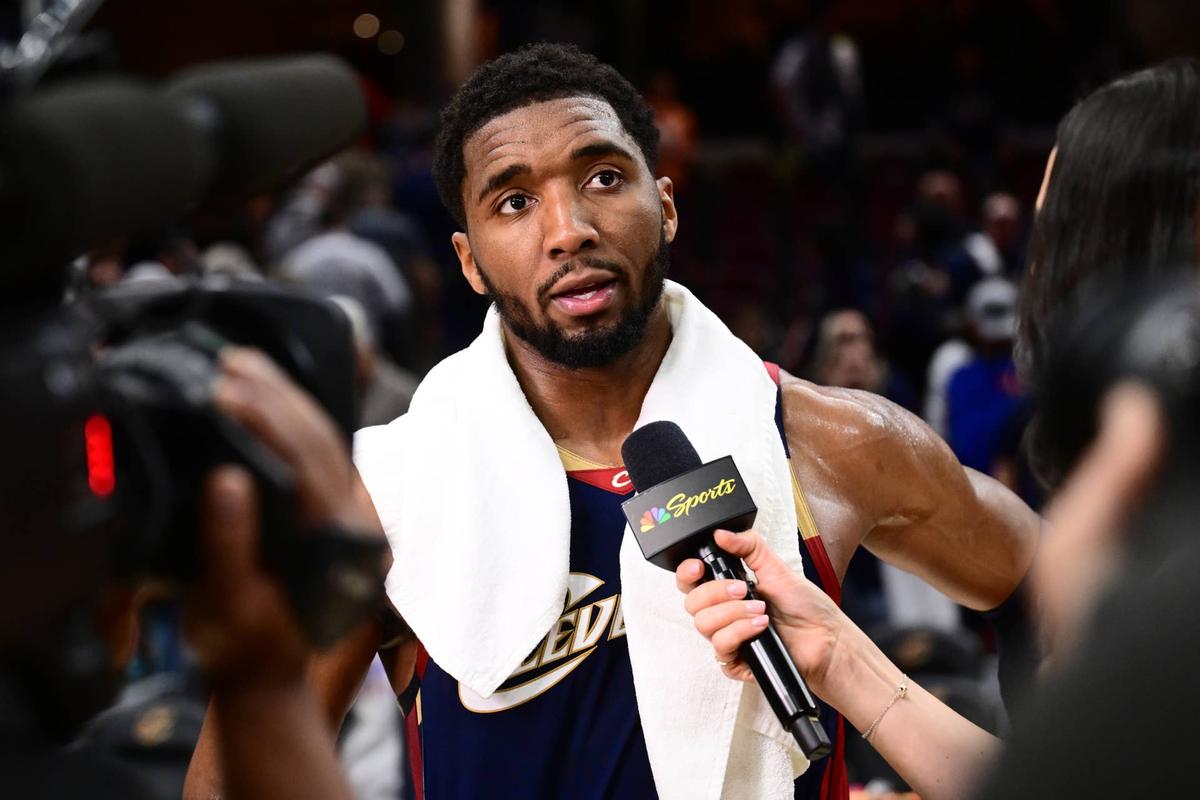 Cleveland Cavaliers guard Donovan Mitchell (45) is interviewed after the Cavaliers game four win against the Detroit Pistons. 