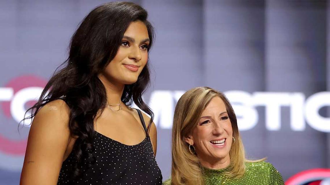  Apr 13, 2026; New York, NY, USA; WNBA Commissioner Cathy Engelbert (right) poses for photos with Lauren Betts who was selected fourth overall by the Washington Mystics during the 2026 WNBA Draft at The Shed at Hudson Yards. Mandatory Credit: Brad Penner-Imagn Images | Brad Penner-Imagn Images 