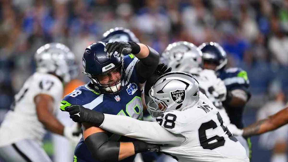  Aug 7, 2025; Seattle, Washington, USA; Seattle Seahawks guard Mason Richman (78) blocks Las Vegas Raiders defensive tackle Treven Ma'ae (68) during the second half at Lumen Field. Mandatory Credit: Steven Bisig-Imagn Images | Steven Bisig-Imagn Images 