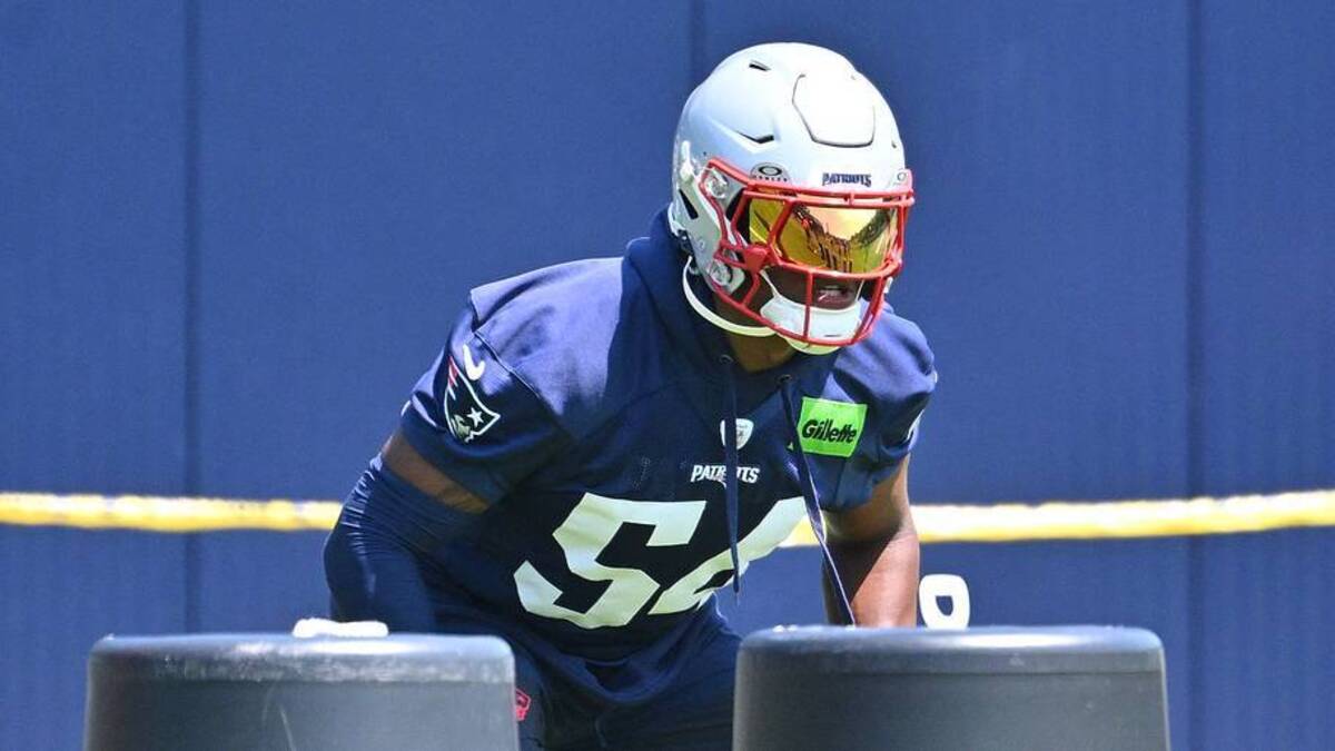  Jun 10, 2026; Foxborough, MA, USA; New England Patriots linebacker Otis Reese (54) does a drill during minicamp at Gillette Stadium. Mandatory Credit: Eric Canha-Imagn Images | IMAGN IMAGES via Reuters Connect 