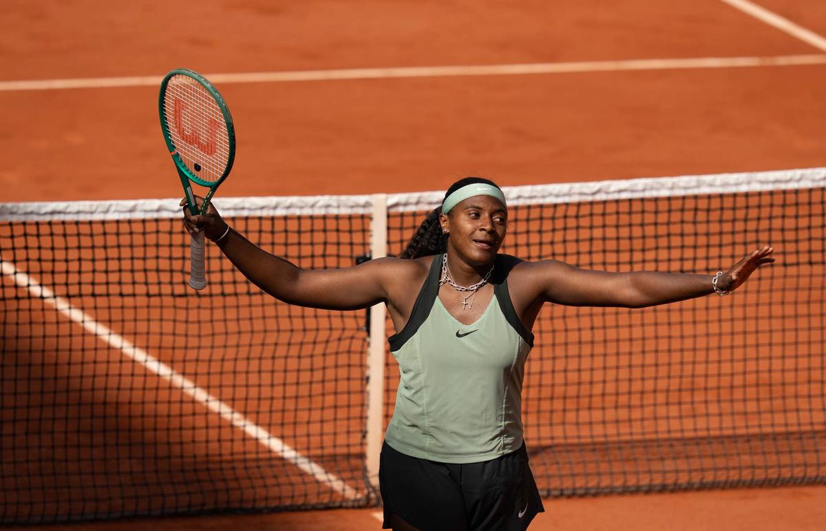  May 24, 2026; Paris, France; Hailey Baptiste of the United States celebrates winning her first round match against Barbora Krejcikova of the Czech Republic on day one at Stade Roland Garros. Mandatory Credit: Susan Mullane-Imagn Images 