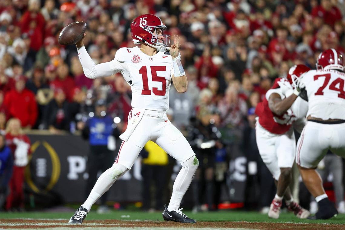  Ty Simpson (15) looks to make a pass against the Oklahoma Sooners in the first half at Gaylord Family OK Memorial Stadium. Mark J. Rebilas-Imagn Images