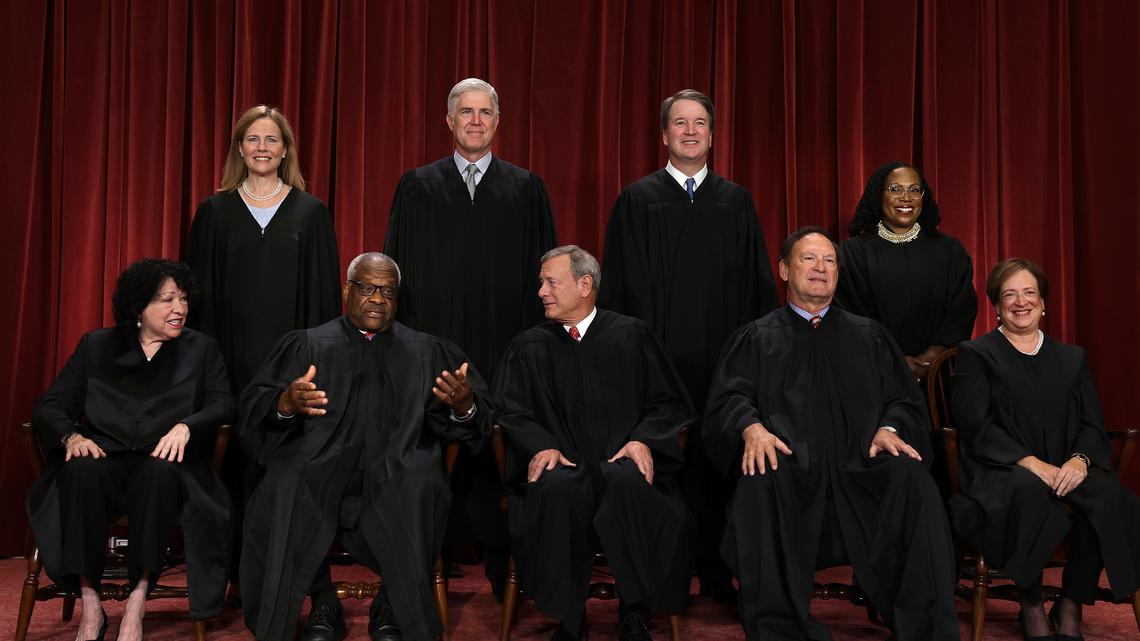 United States Supreme Court (front row L-R) Associate Justice Sonia Sotomayor, Associate Justice Clarence Thomas, Chief Justice of the United States John Roberts, Associate Justice Samuel Alito, and Associate Justice Elena Kagan, (back row L-R) Associate Justice Amy Coney Barrett, Associate Justice Neil Gorsuch, Associate Justice Brett Kavanaugh and Associate Justice Ketanji Brown Jackson pose for their official portrait at the East Conference Room of the Supreme Court building on Oct. 7, 2022, in Washington, D.C. (Alex Wong/Getty Images/TNS)