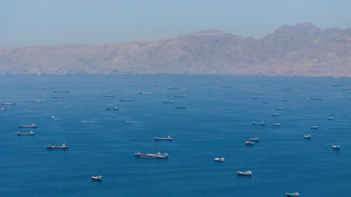 A drone view shows vessels anchored at the Strait of Hormuz, as seen from Musandam, Oman, May 25, 2026. REUTERS/Stringer/File Photo