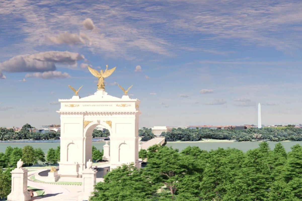  A rendering of the proposed Triumphal Arch in Washington that critics say will “overwhelm the Lincoln Memorial, Arlington National Cemetery and Arlington House.” 