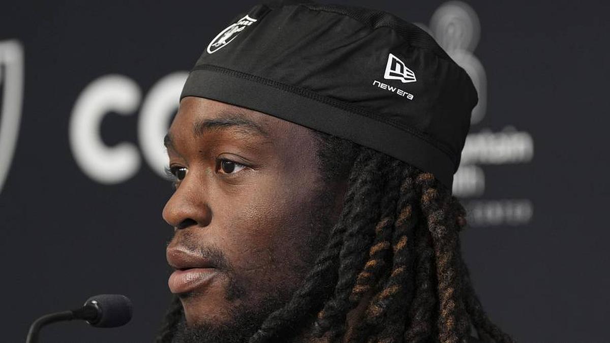  May 20, 2026; Henderson, NV, USA; Las Vegas Raiders running back Ashton Jeanty (2) speaks during a news conference during organized team activities at Intermountain Health Performance Center. Mandatory Credit: Candice Ward-Imagn Images | Candice Ward-Imagn Images 