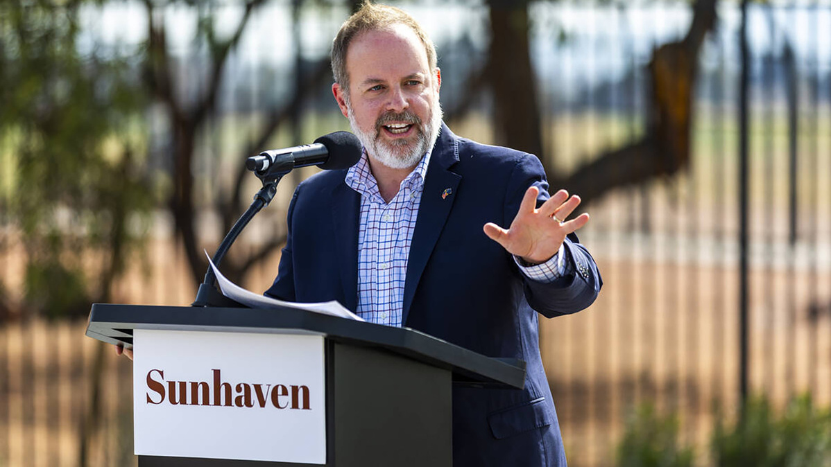 Nevada State Treasurer Zach Conine speaks during the grand opening ceremony for Sunhaven, a housing development for people at risk of homelessness, on Feb. 25, 2026, in Las Vegas. (L.E. Baskow/Las Vegas Review-Journal/TNS)