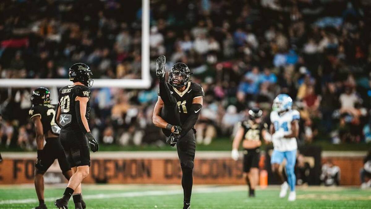  Nov 15, 2025; Winston-Salem, North Carolina, USA; Wake Forest Demon Deacons linebacker Langston Hardy (11) reacts after a play against the North Carolina Tar Heels at Allegacy Federal Credit Union Stadium. Mandatory Credit: Wake Forest Athletics via Imagn Images | Wake Forest Athletics via Imagn Images 