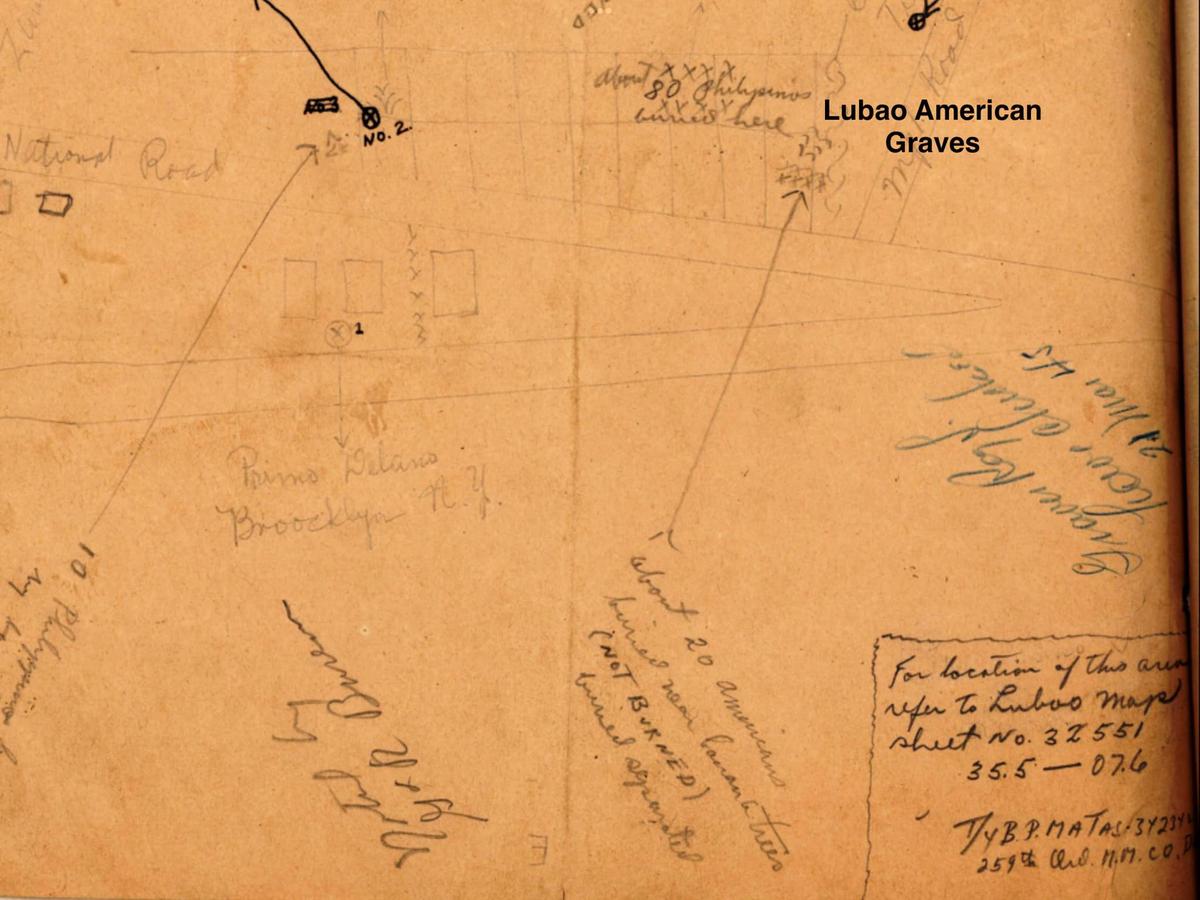  A U.S. Army soldier sketched this 1945 map showing about 20 American graves in a banana field near Lubao in the Philippines. MIA researcher John Bear found the map in the National Archives, and DPAA historian Greg Kupsky later linked the site to nine unidentified soldiers buried in the Manila American Cemetery-one of whom may have been Julius Knudsen. (Philippine Archive Collection, National Archives.) 