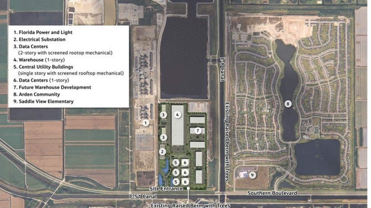The map shows the location of the data center. To the right is Saddleview Elementary School and the Arden residential development.