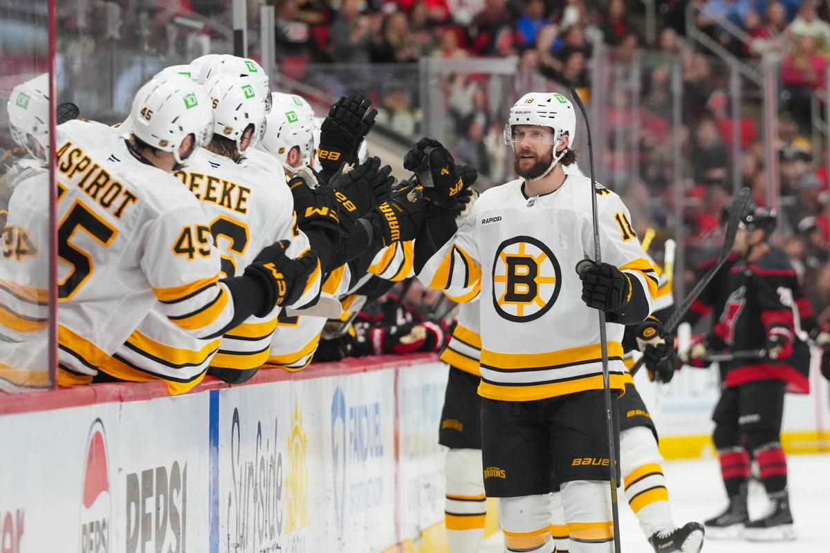  Boston Bruins center Pavel Zacha (18) celebrates his goal against the Carolina Hurricanes during the third period at Lenovo Center. James Guillory-Imagn Images