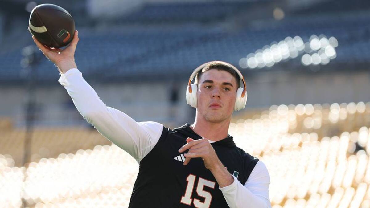  Nov 29, 2025; Pittsburgh, Pennsylvania, USA; Miami Hurricanes quarterback Judd Anderson (15) warms up before the game against the Pittsburgh Panthers at Acrisure Stadium. Mandatory Credit: Charles LeClaire-Imagn Images | IMAGN IMAGES via Reuters Connect 
