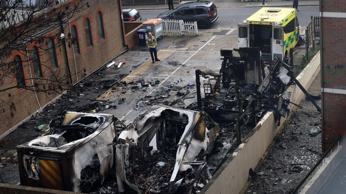 The burnt remains of a Jewish ambulance service are shown March 23 in London after arson linked to the Islamic Revolutionary Guard Corps. Britain has designated the IRGC and two other groups as threats to national security. Photo by Andy Rain/EPA/
