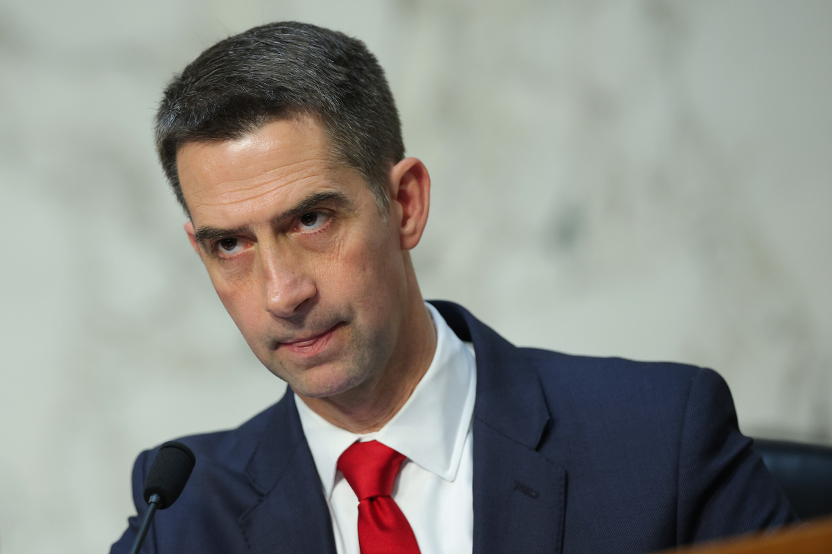  Senator Tom Cotton speaks during a Senate Intelligence Committee hearing on March 18 in Washington, DC. 