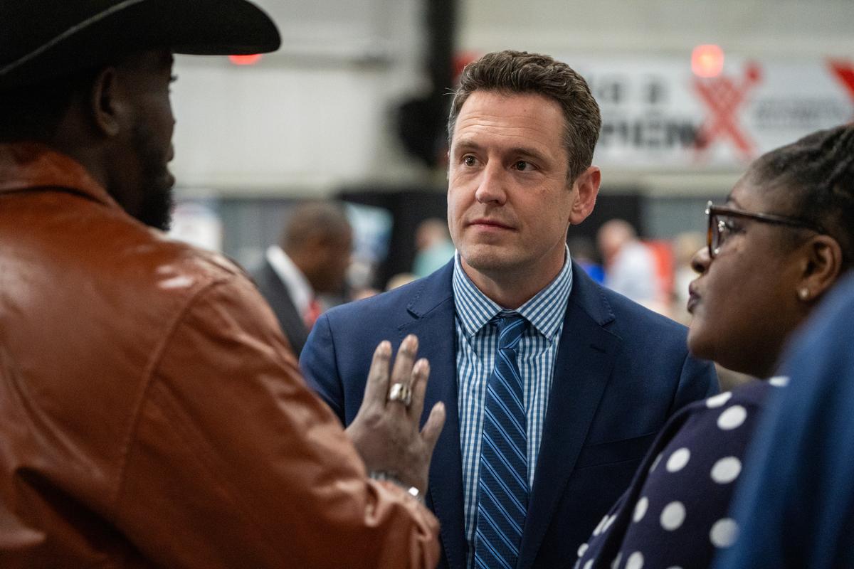 FILE -- Zach Lahn, a Republican businessman and farmer, speaks during his campaign for governor in Clive, Iowa on Friday, May 1, 2026. Lahn overcame a Trump-backed establishment candidate in a crowded five-person primary to win the Republican nomination on June 2. (KC McGinnis/The New York Times)