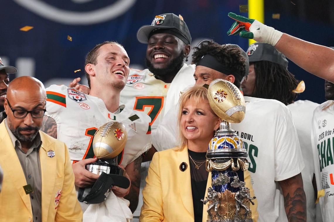  Miami Hurricanes quarterback Carson Beck reacts after winning the 2026 Fiesta Bowl and semifinal game of the College Football Playoff. Joe Camporeale-Imagn Images