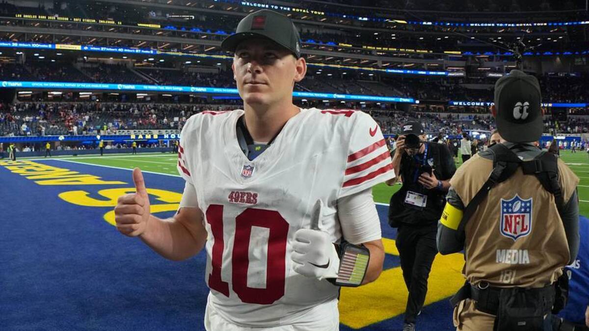  Oct 2, 2025; Inglewood, California, USA; San Francisco 49ers quarterback Mac Jones (10) reacts after the game against the Los Angeles Rams at SoFi Stadium. Mandatory Credit: Kirby Lee-Imagn Images | Kirby Lee-Imagn Images 