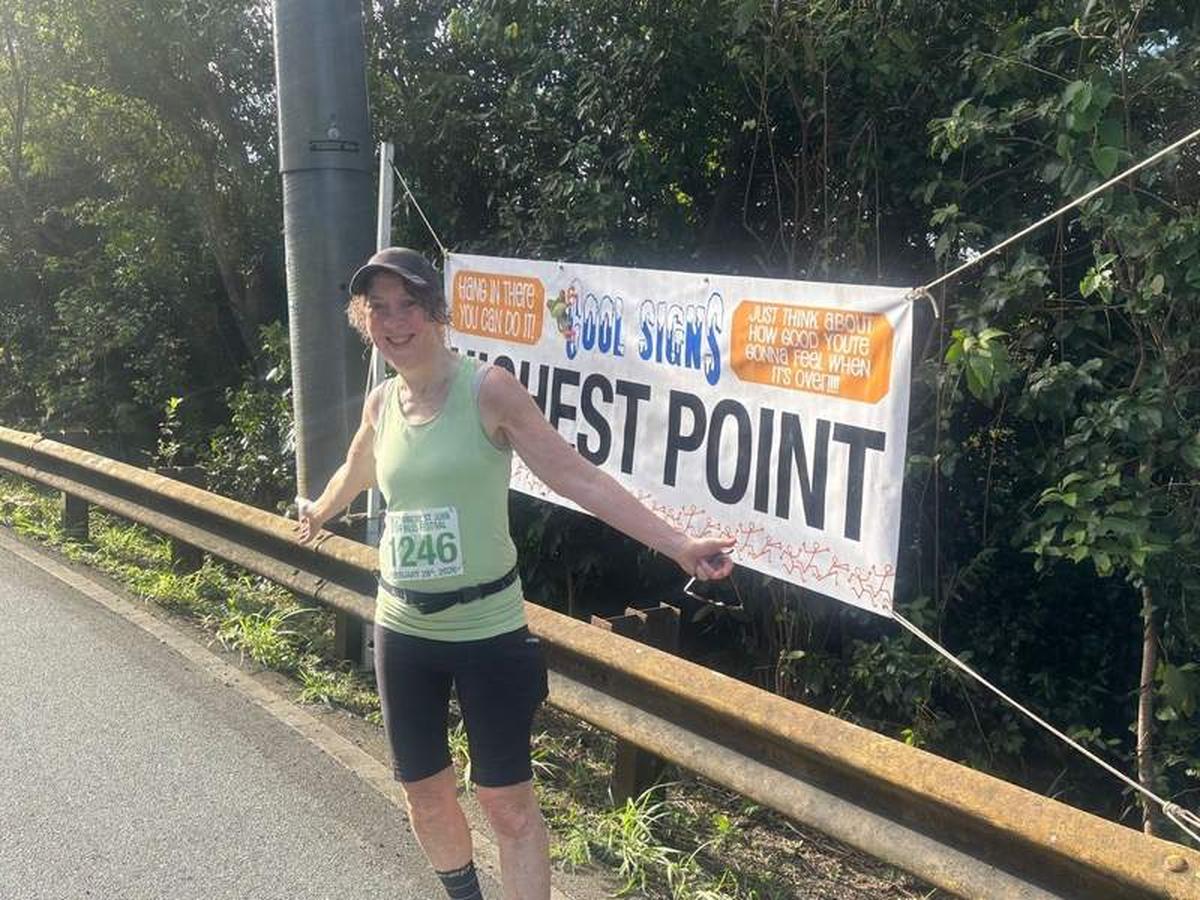  Caption: The somewhat misleading sign on the 8 Tuff Miles run – this is NOT the hjghest point! Photo credit: Judy Antell 