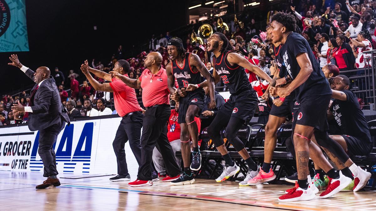  WSSU celebrates as it knocks off Virginia Union in a thrilling CIAA Tournament semifinal.