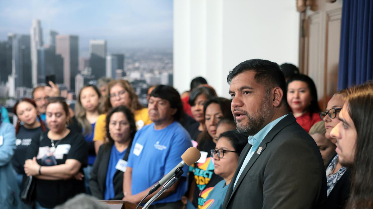 Los Angeles City Councilmember Hugo Soto-Martinez speaks at a news conference, rallying support for a proposal that would allow noncitizens to vote in local elections at City Hall in Los Angeles on Tuesday, June 9, 2026. (Myung J. Chun/Los Angeles Times/TNS)