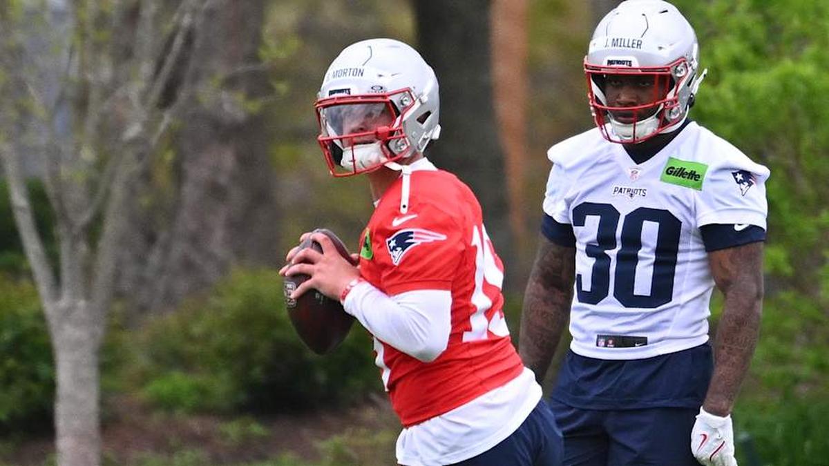  May 9, 2026; Foxborough, MA, USA; New England Patriots quarterback Behren Morton (15) drops back to pass during the New England Patriots rookie camp at Gillette Stadium. Mandatory Credit: Eric Canha-Imagn Images | Eric Canha-Imagn Images 