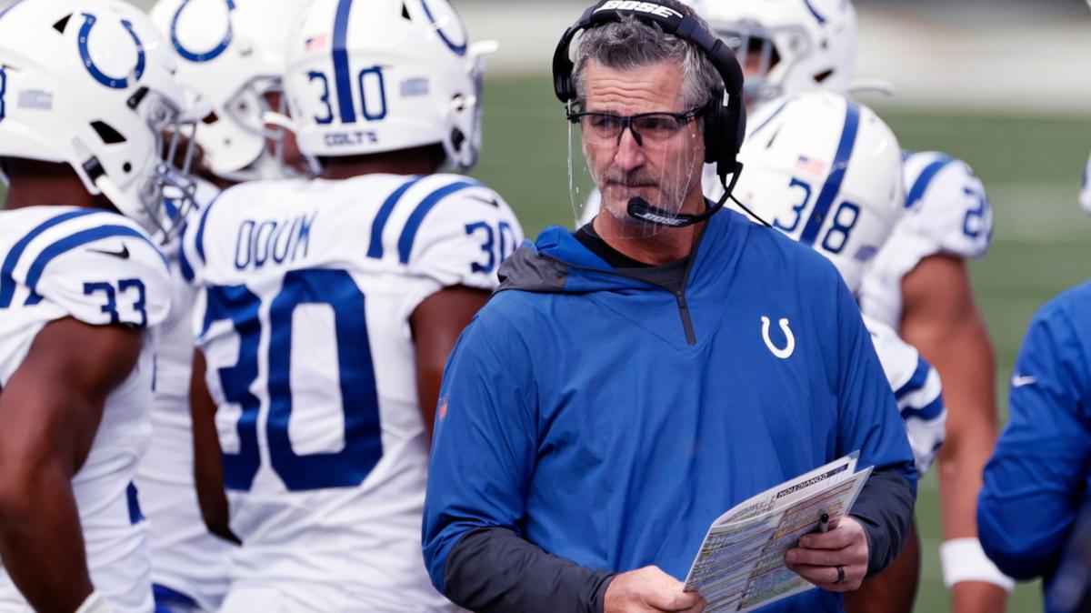FILE - Indianapolis Colts head coach Frank Reich stands on the sideline during the first half of an NFL football game against the Cleveland Browns in Cleveland, in this Sunday, Oct. 11, 2020, file photo. Reich, a former quarterback for the Buffalo Bills, returns to Orchard Park, N.Y. for an NFL wild-card football game against the Bills on Saturday, Jan. 9, 2021.(AP Photo/Ron Schwane, File)
