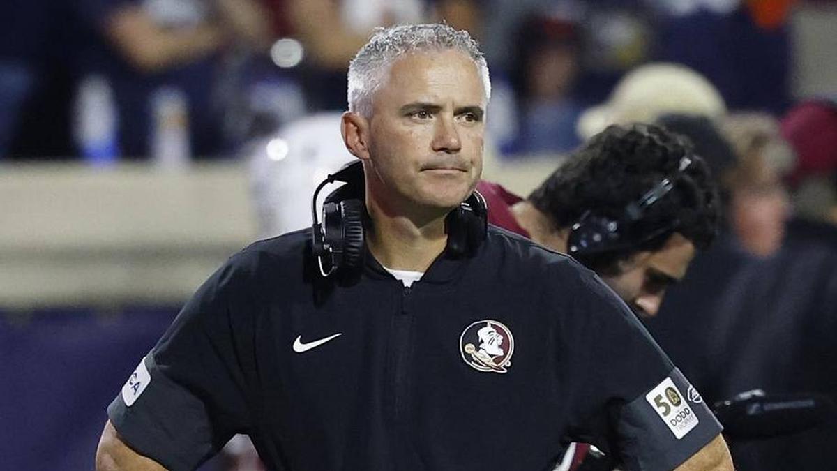 Sep 26, 2025; Charlottesville, Virginia, USA; Florida State Seminoles head coach Mike Norvell looks on during a stoppage in play against the Virginia Cavaliers at Scott Stadium. Mandatory Credit: Geoff Burke-Imagn Images | Geoff Burke-Imagn Images 