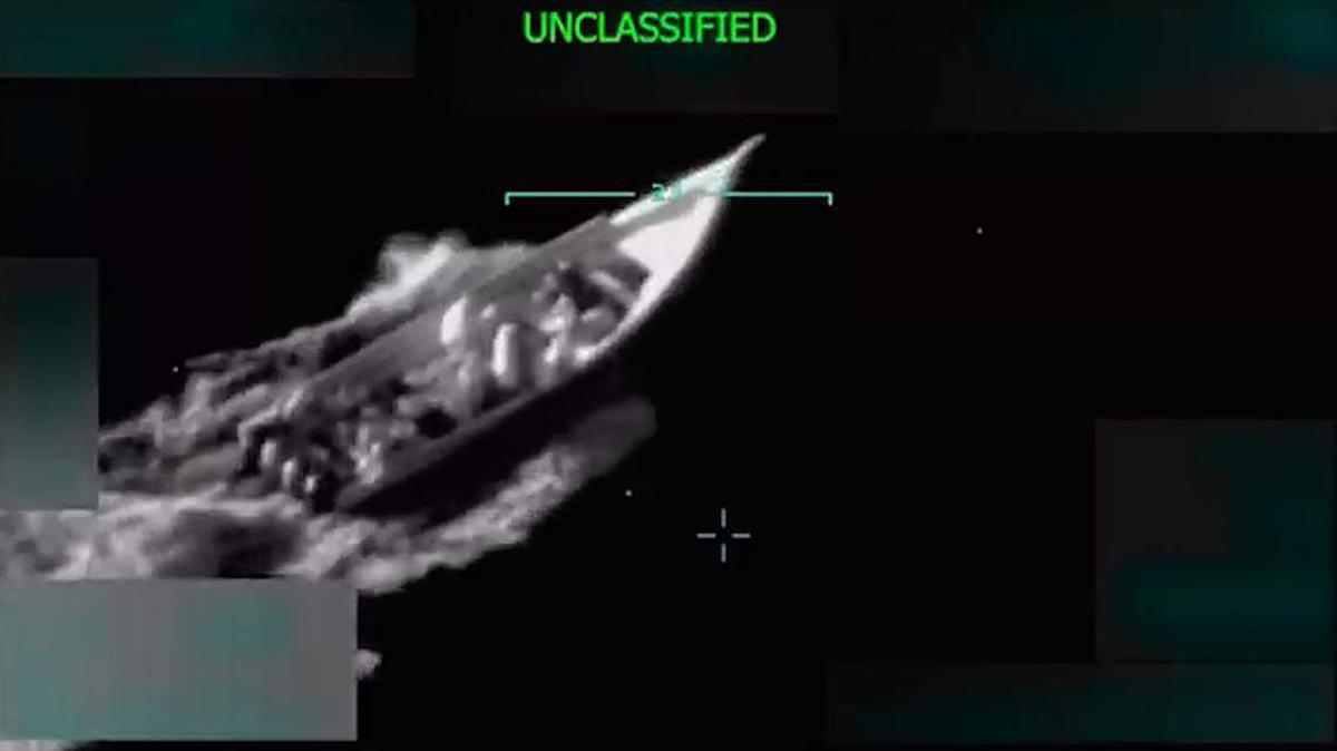 A U.S. military video released by the Department of Defense shows a precision strike destroying a high-speed narcotics vessel in international waters on Sept. 2, 2025. The footage, later shared by Trump on Truth Social, was described as targeting the Tren de Aragua criminal organization amid a U.S. naval buildup in the Caribbean. (Department of Defense/TNS)