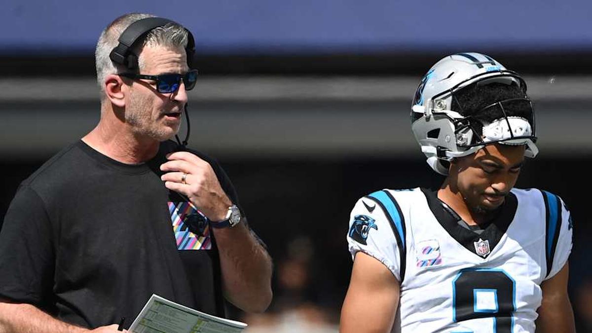  Oct 1, 2023; Charlotte, North Carolina, USA; Carolina Panthers head coach Frank Reich with quarterback Bryce Young (9) in the second quarter at Bank of America Stadium. Mandatory Credit: Bob Donnan-Imagn Images | Bob Donnan-Imagn Images 