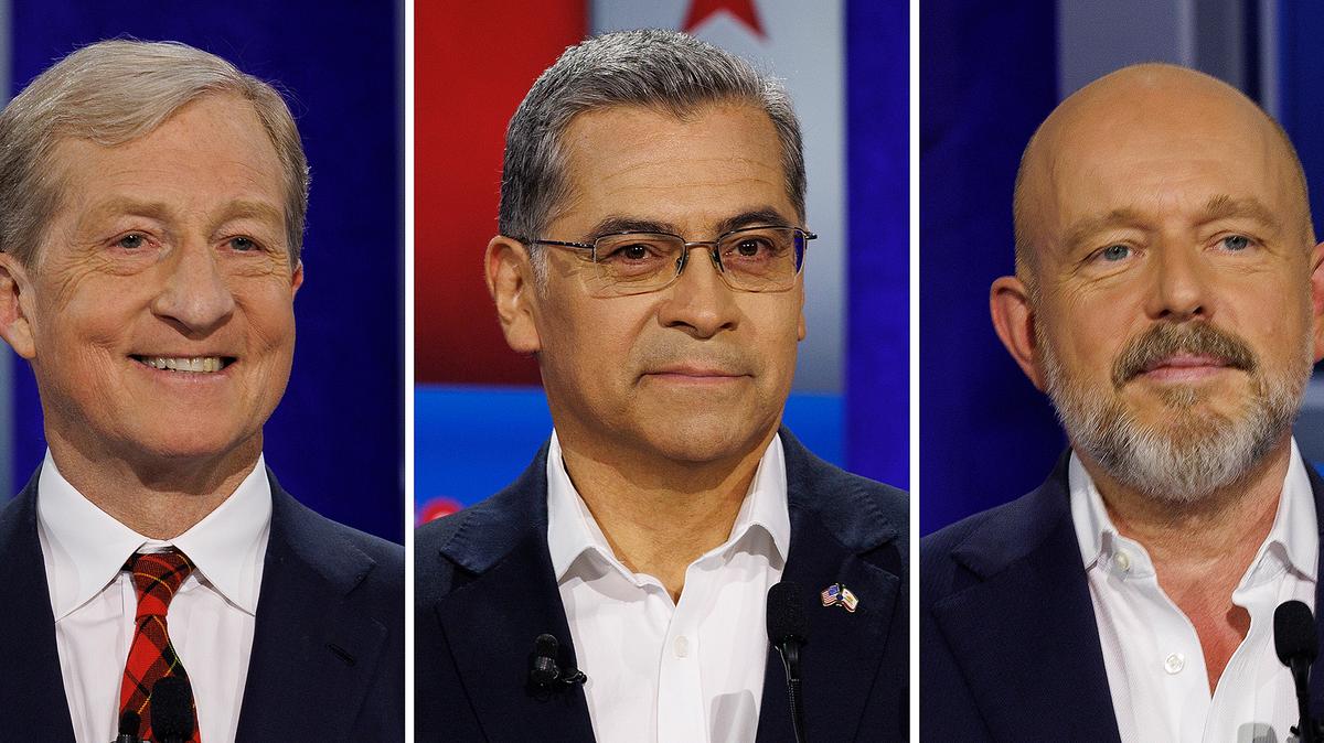 Gubernatorial candidates Tom Steyer, Xavier Becerra and Steve Hilton, shown during a debate with other candidates at East L.A. College on May 5, are among the candidates being attacked or buoyed by independent expenditure committees that can accept unlimited donations. (Gina Ferazzi/Los Angeles Times/TNS)