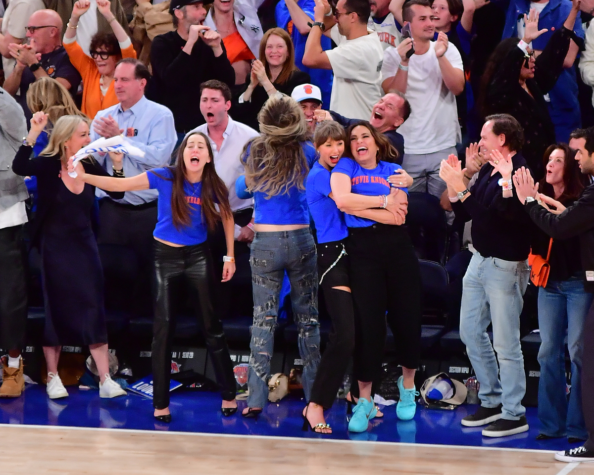 Mariska Hargitay celebrates with Taylor Swift during the game between the San Antonio Spurs and the New York Knicks during Game Four of the 2026 NBA Finals on June 10, 2026, at Madison Square Garden in New YorkMichael Gonzales/NBAE via Getty Images