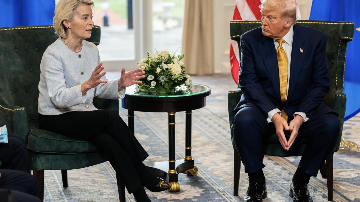 President Donald Trump meets European Commission President Ursula von der Leyen in Turnberry, Scotland, on Sunday, July 27, 2025.