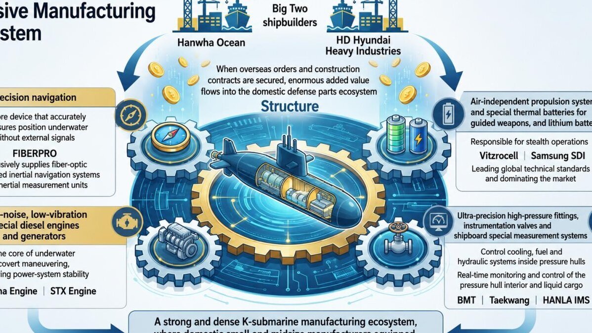 This graphic shows South Korea’s K-submarine manufacturing ecosystem, centered on system-integration shipbuilders Hanwha Ocean and HD Hyundai Heavy Industries. It highlights key suppliers in precision navigation, electric propulsion and air-independent propulsion batteries, as well as low-noise engines, high-pressure fittings and shipboard measurement systems. Source: Hanwha Ocean, HD Hyundai Heavy Industries, Vitzrocell, Samsung SDI and the Korea Defense Industry Association. Gemini-generated image and translated by UPI