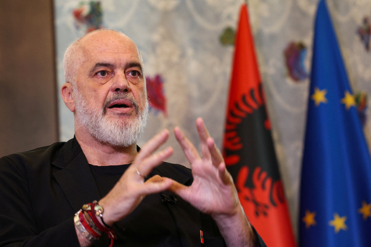 Albanian Prime Minister Edi Rama gestures during an interview with Reuters as Albanians protest against a planned luxury resort backed by a company linked to Jared Kushner, the son-in-law of U.S. President Donald Trump, on an environmentally sensitive part of the Adriatic coast, in Tirana, Albania, June 8, 2026. REUTERS/Florion Goga