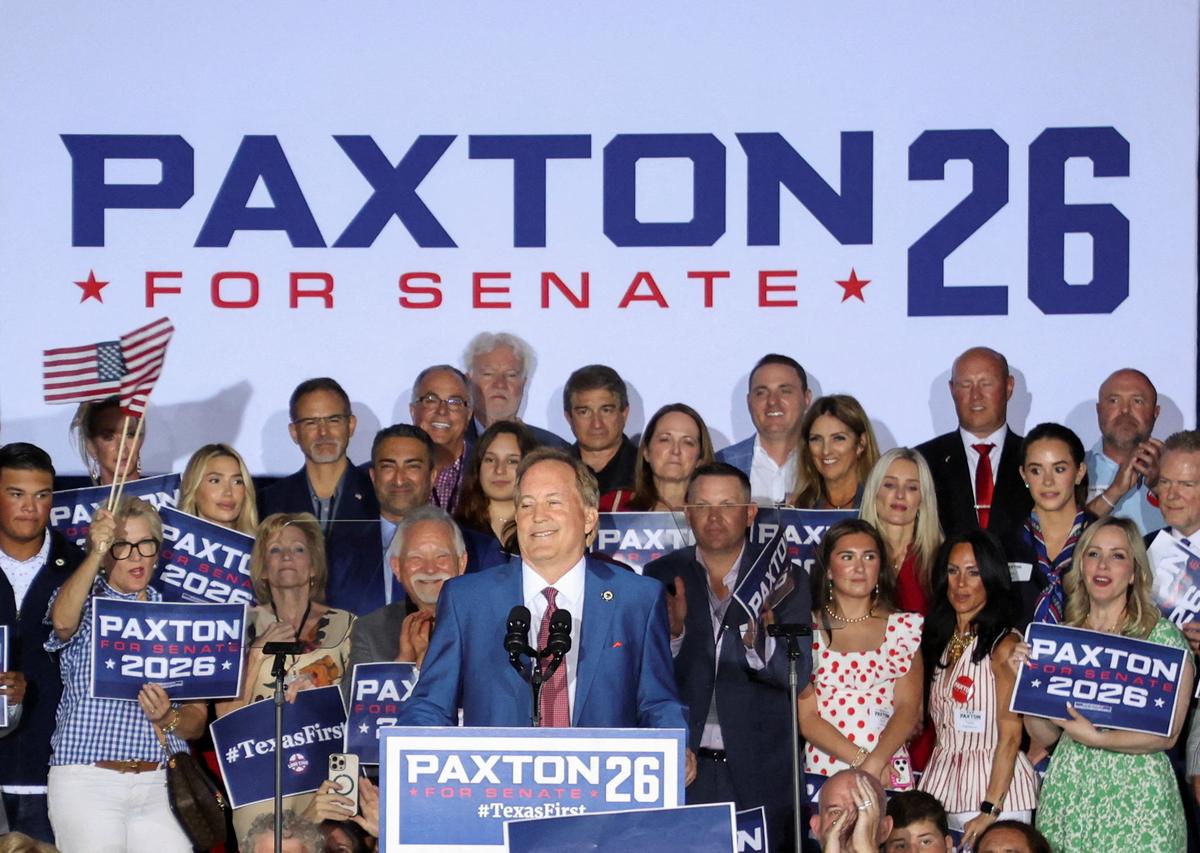 Texas Attorney General Ken Paxton speaks to supporters after winning the Republican runoff election for U.S. Senate in Texas, defeating incumbent U.S. Senator John Cornyn, in Plano, Texas, U.S., May 26, 2026. REUTERS/Evan Garcia