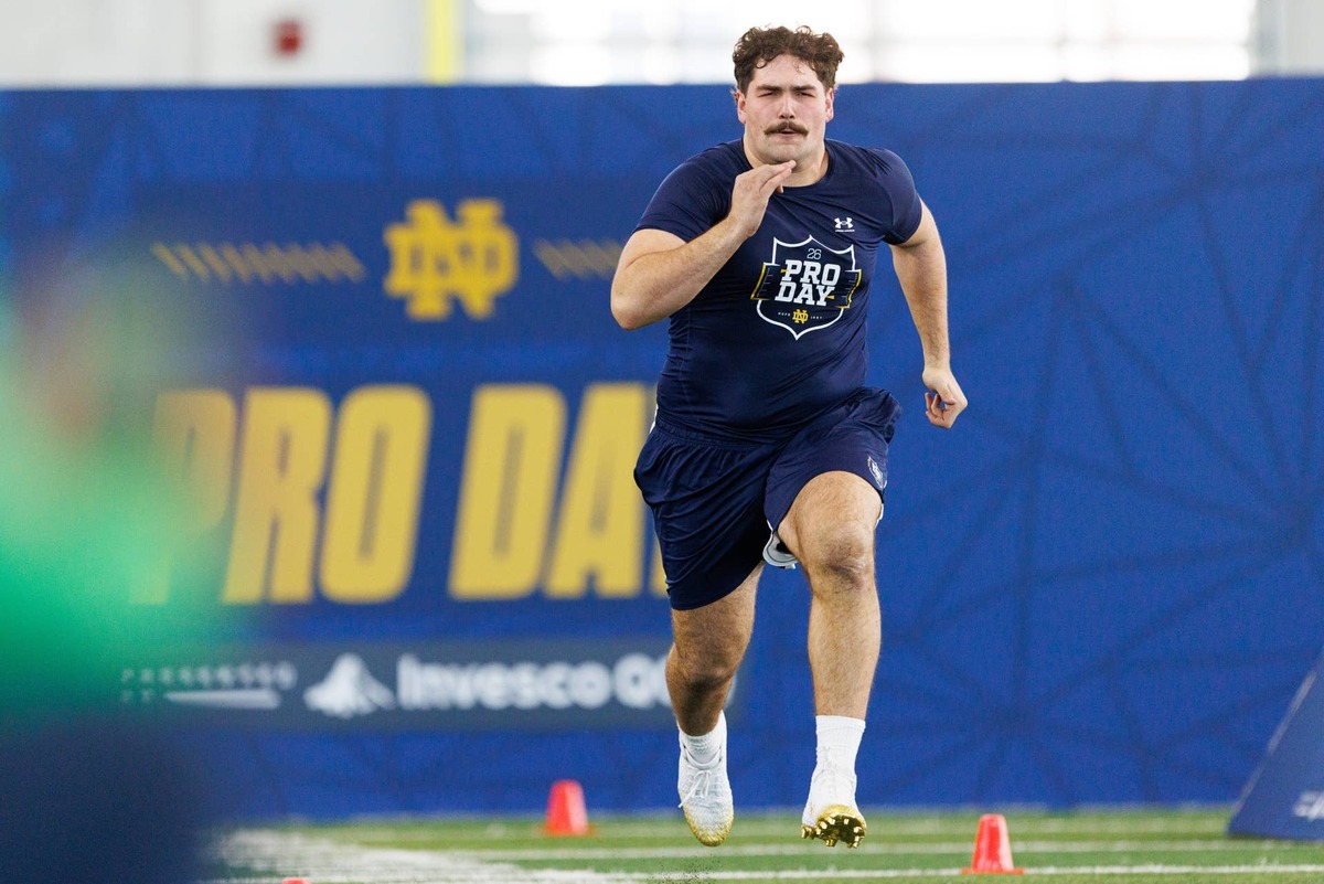  Defensive tackle Gabriel Rubio runs the 40-yard dash during Notre Dame football's Pro Day at Irish Athletic Center on Tuesday, March 24, 2026, in South Bend. reuters.com,2026:newsml_MT1USATODAY28576978:166722266