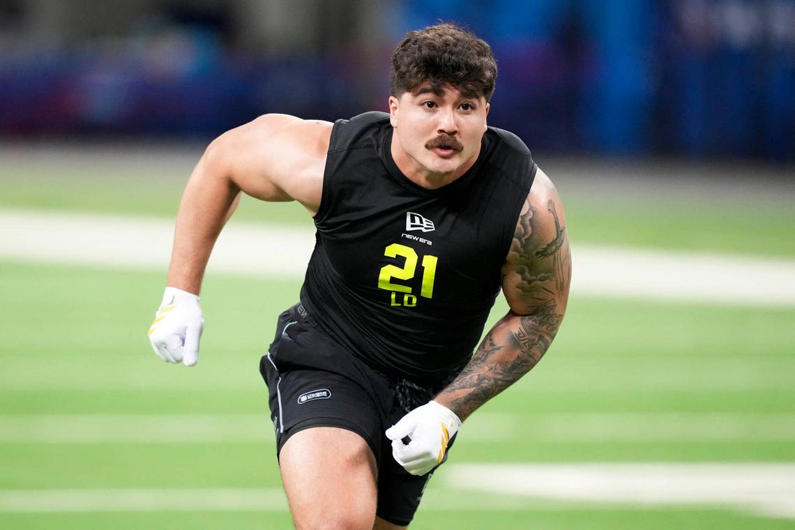  Texas Tech linebacker Jacob Rodriguez works out during the NFL scouting combine in Indianapolis on Feb. 26, 2026. Kirby Lee-Imagn Images