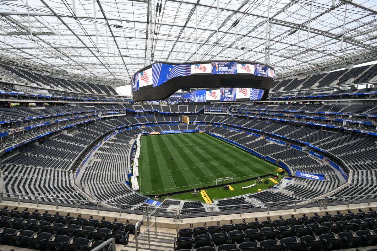 The fully installed grass pitch is seen at Los Angeles Stadium (temporarily renamed from SoFi Stadium) ahead of the 2026 FIFA World Cup in Los Angeles on June 7, 2026. 