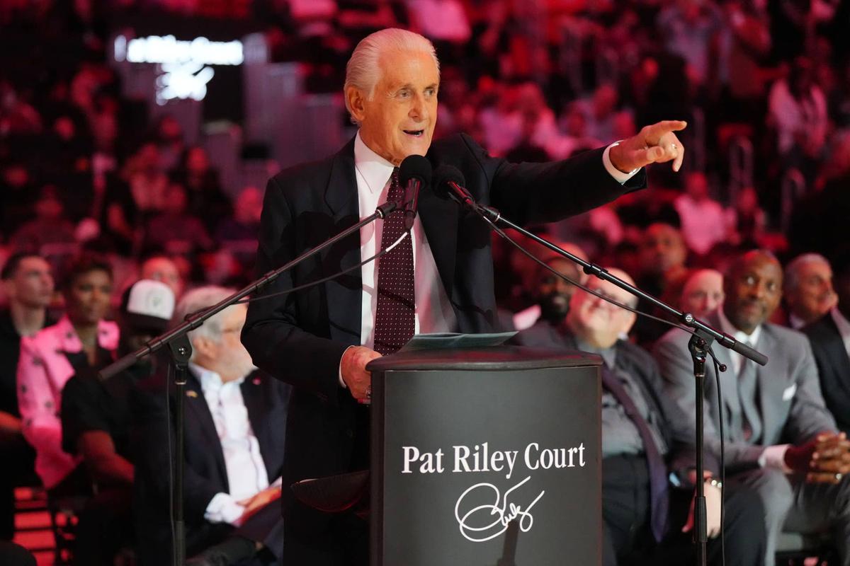  Miami Heat president Pat Riley addresses the crowd during the Pat Riley Court dedication ceremony at Kaseya Center. Jim Rassol-Imagn Images