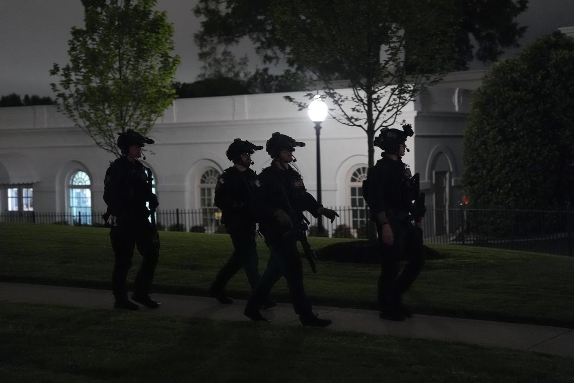 Security at the White House after President Donald Trump returned following gunfire at the White House Correspondents' Association dinner in Washington on Saturday, April 25, 2026. Trump was rushed from the stage but appeared to be unharmed. (Salwan Georges/The New York Times)