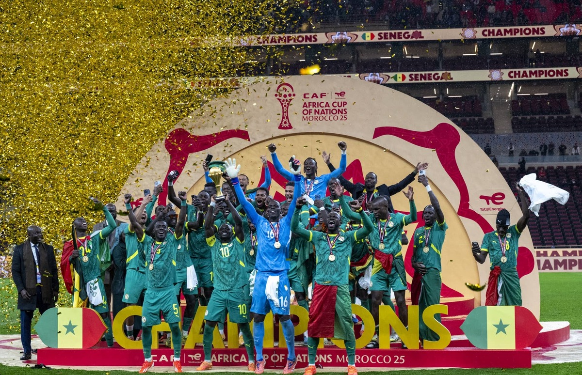  Senegalese players raise the trophy after winning the 35th Africa Cup of Nations final match against Morocco in Rabat, Morocco on January 19, 2026. Photo by Abu Adem Muhammed/Anadolu via Getty Images