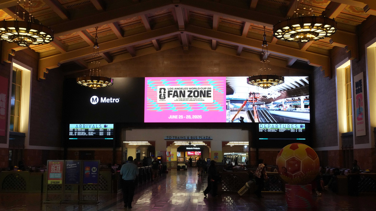 Jun 10, 2026; Santa Monica, California, USA; FIFA World Cup 2026 Fan Zone signage at Los Angeles Union Station. Mandatory Credit: Kirby Lee-Imagn Images