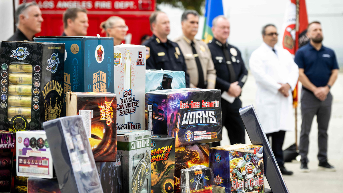 The Los Angeles County Fire Department shows a sampling of illegal confiscated fireworks during a press conference on the dangers of illegal fireworks on Thursday, July 2, 2026. Residents were encouraged to attend professional firework shows and to stay away from illegal fireworks. They also warned residents to protect their homes from fires sparked by illegal fireworks by clearing debris. (Sarah Reingewirtz/Los Angeles Daily News/TNS)