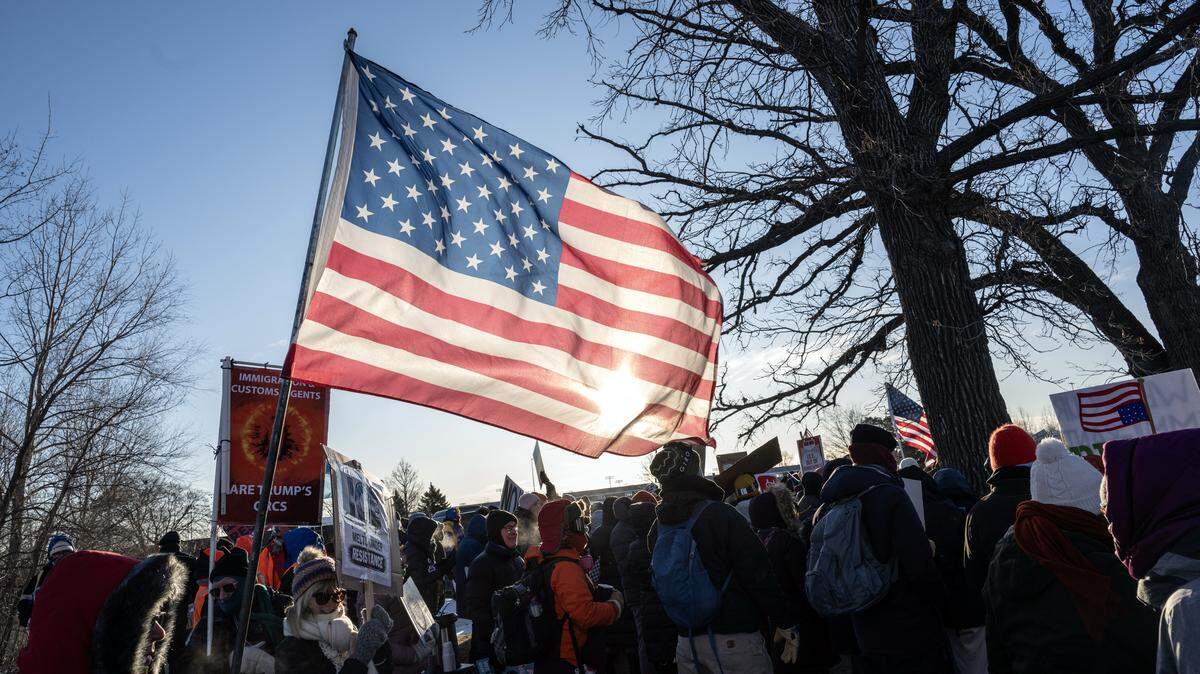 Protesters opposed to the Trump administration’s immigration crackdown rally outside the Whipple Federal Building in Minneapolis on Friday, Jan. 30, 2026. The backlash against the administration has intensified since the killings of Renee Good and Alex Pretti by federal agents.