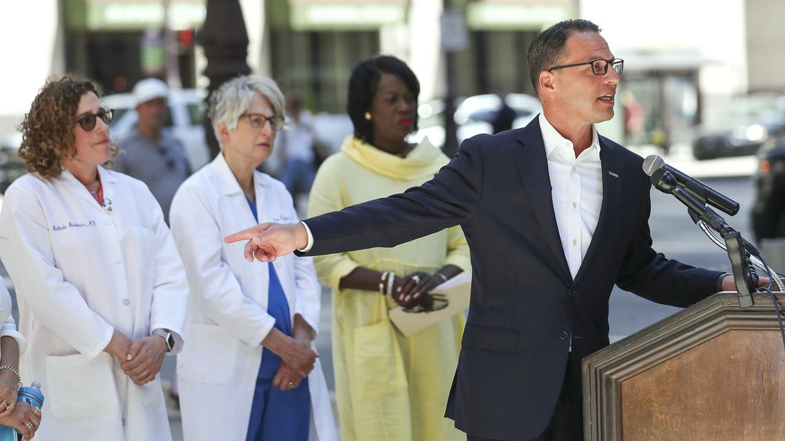 Gov. Josh Shapiro speaks during a 2022 news conference on defending abortion access in Pennsylvania, following the Dobbs decision, outside City Hall in Philadelphia. (Heather Khalifa/The Philadelphia Inquirer/TNS)