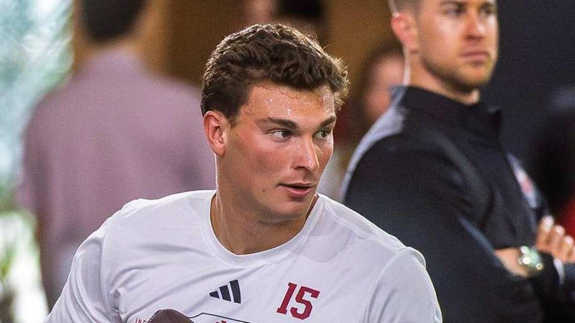  Fernando Mendoza participates in Indiana University's Pro Day at Mellencamp Pavilion on Wednesday, April 1, 2026. | Rich Janzaruk/Herald-Times / USA TODAY NETWORK via Imagn Images 