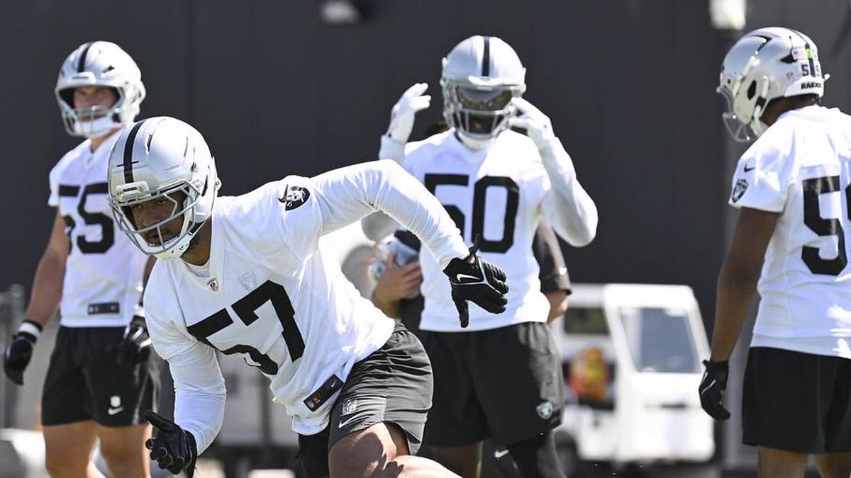  May 20, 2026; Henderson, NV, USA; Las Vegas Raiders linebacker Cameron McGrone (57) practices during organized team activities at Intermountain Health Performance Center. Mandatory Credit: Candice Ward-Imagn Images | Candice Ward-Imagn Images 