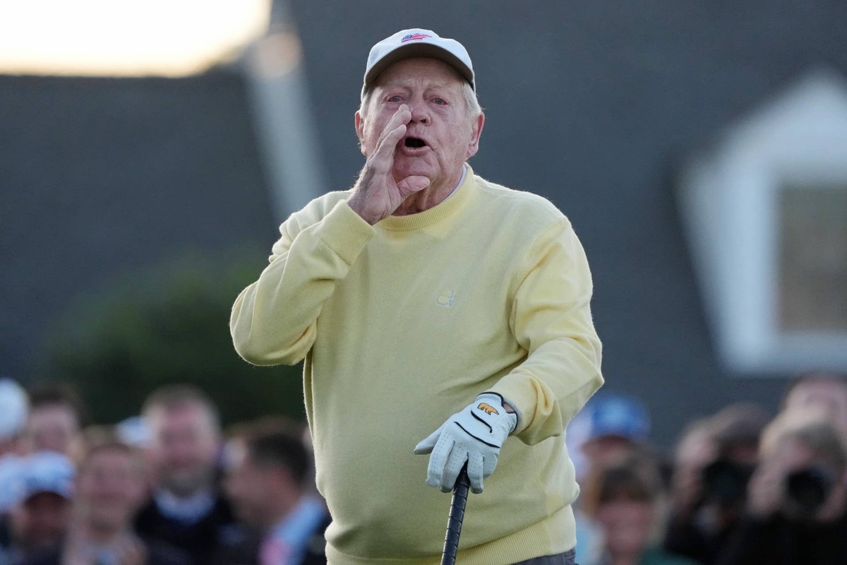  Apr 9, 2026; Augusta, Georgia, USA; Honorary starter Jack Nicklaus reacts after teeing off on the first hole during the first round of the Masters Tournament at Augusta National Golf Club. Mandatory Credit: Michael Madrid-Imagn Images 
