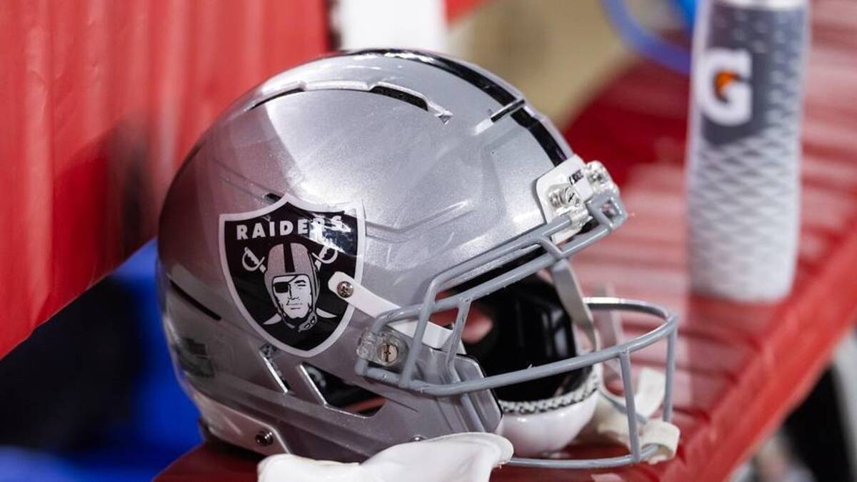  Aug 23, 2025; Glendale, Arizona, USA; Detailed view of a Las Vegas Raiders helmet during a preseason NFL game at State Farm Stadium. Mandatory Credit: Mark J. Rebilas-Imagn Images | Mark J. Rebilas-Imagn Images 